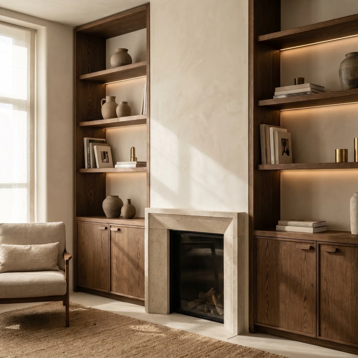 Bespoke oak alcove shelving around fireplace with books and ceramics